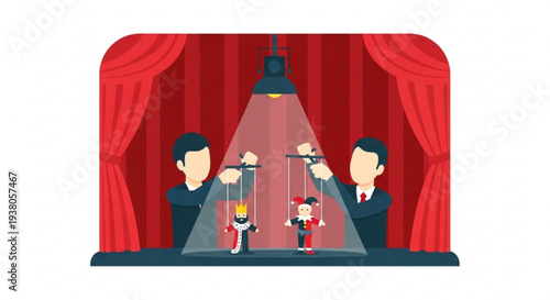 Two men manipulating puppets on stage under spotlight with red curtains  