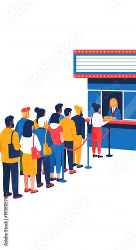 Group of people waiting in line at ticket booth in entertainment venue  