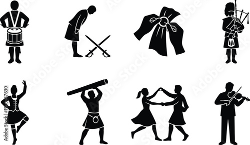Cultural dance and music icons representing traditional performances and instruments in black silhouette style