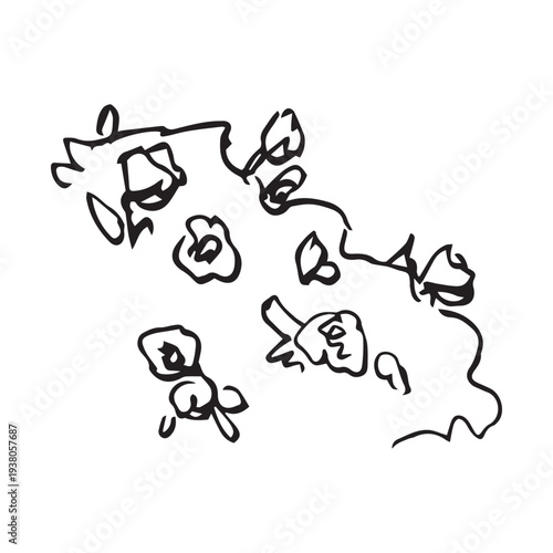 Hand drawn rose branch sketch, wild rose bush with buds and blooms on tangled stems, expressive botanical line art, black ink isolated on white background