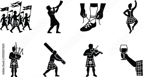 Silhouette illustrations depicting traditional Scottish cultural activities and attire in a minimalist style