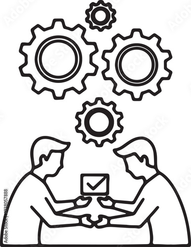 Two people collaborating with gears floating above them