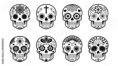 Hand Drawn Sugar Skull Collection with Decorative Mexican Day of the Dead Style Skulls Black and White Vector Set