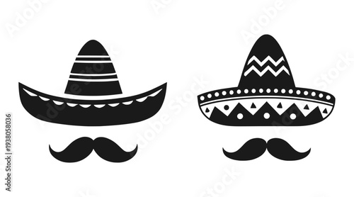 Mexican Sombrero and Mustache Icon Set Simple Black Silhouette Symbols for Cinco de Mayo Fiesta Design