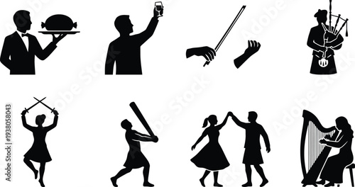 Collection of Silhouette Icons Representing Various Activities and Celebrations