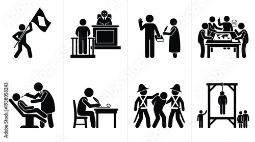Vector illustrations depicting various legal and healthcare scenarios in a minimalistic style