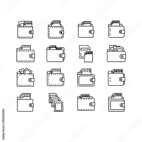 Wallet Icon Set with Memory Cards Digital Storage and Organization Symbols