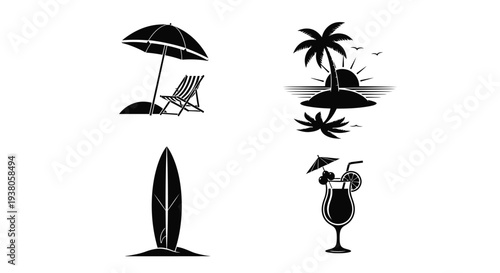 Beach Vacation Icons Set Black and White Vector