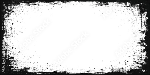 Black grunge frame design featuring ink paint splatters and a dirty vector texture border with artful spray splashes and liquid stains on a dark abstract pattern silhouette.