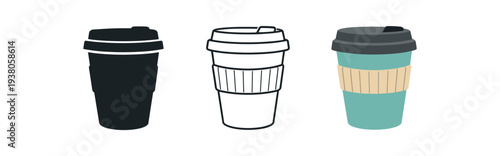 Reusable takeaway coffee cup in three flat styles for cafe menu, packaging mockup, or background design, flat vector illustration