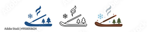 Stylized ski slope icons featuring a ski track, rising steam or trail lines, snowflake and small pine trees in monochrome, outline and colored versions.
