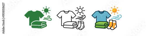 Laundry care icons showing shirt, folded towels and socks under sun and breeze for clothing care labels