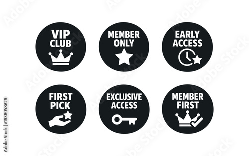 Six black round icons on white background for member perks, including vip club, member only, early access, first pick, exclusive access, and member first badges.