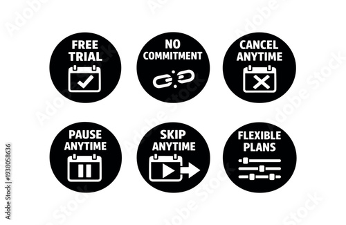 Six black round icons on white background for subscription features, including free trial, no commitment, cancel anytime, pause anytime, skip anytime, and flexible plans.