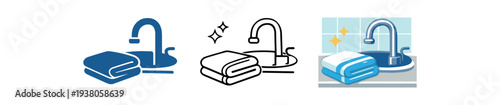 Sink faucet and folded towel on a counter for bathroom or cleaning signage flat vector icon