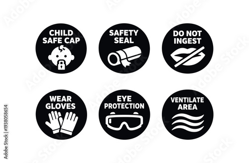 Six black circular safety icons for packaging or instructions — child lock cap, seal tape, do not ingest symbol, wear gloves, eye goggles, ventilate area waves.