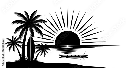 Silhouette of palm trees and boat.