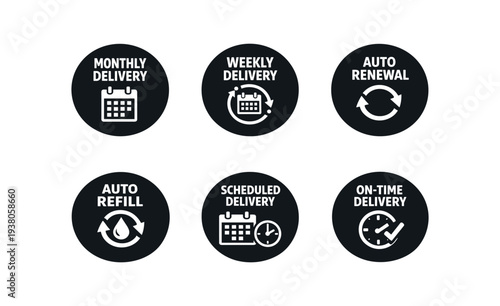 Six black round icons on white background for delivery and subscription timing, including monthly delivery, weekly delivery, auto renewal, auto refill, scheduled delivery, and on-time delivery.