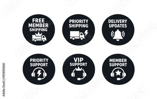 Nine black circular icons combining trucks, bells and headsets for free member shipping, priority shipping, delivery updates and member support badges.