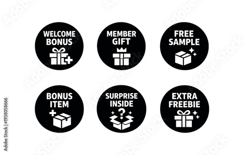 Nine black circular icons showing gift boxes, open boxes and plus signs for welcome bonuses, member gifts, free samples and surprise items as promotional badges.