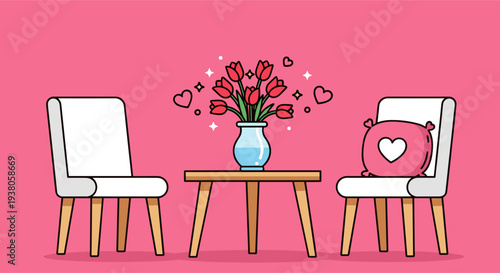 Romantic Table with Tulip Vase and Chairs Valentine Interior Vector Illustration