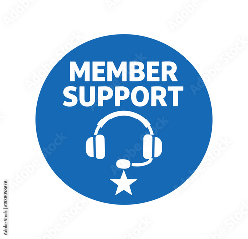 Member support badge in blue circle with headset and star for customer help and membership assistance flat vector icon