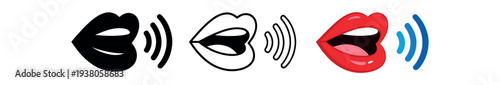 A horizontal row of four stylized mouth icons in different fill and outline styles, some showing sound waves, suited for voice, audio, or chat ui elements.