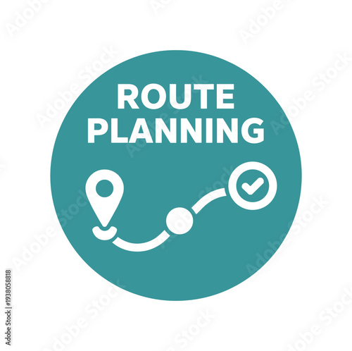 Teal circular badge with a map pin, connecting path, and check mark for navigation, routing, and trip planning services.