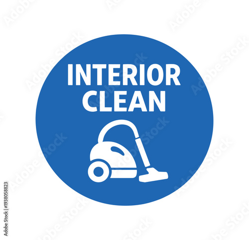 Blue circular badge featuring a white vacuum cleaner icon and the words "interior clean" to promote interior car cleaning and detailing services.