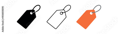 Three minimal price tag icons shown in solid black, thin outline, and orange filled versions for use in labels, e-commerce badges, or ui elements.