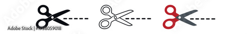 Three scissors icons showing a dashed cut line in solid, outline, and colored variations for coupons, trim actions, or editing tools.