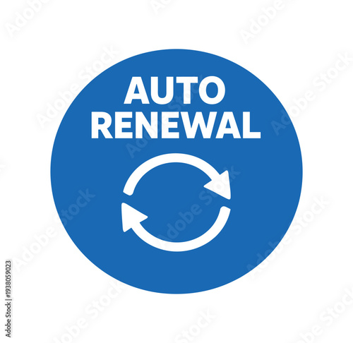 A bold blue round badge showing the words auto renewal above a pair of curved arrows forming a circular loop, designed as a simple icon for subscription or auto-pay labels.