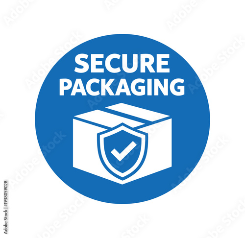 A blue round badge showing the words secure packaging above a shipping box overlaid by a shield with a checkmark, meant as a label for safe, protected parcel packing.