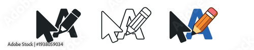 Three icons combining a mouse cursor and pencil over letterforms, shown in filled, outline, and multicolor versions for edit or design actions.