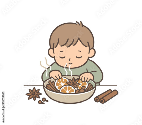 Warm flat illustration of a child leaning over a steaming bowl filled with orange slices, cinnamon sticks, star anise, and cloves, enjoying the scent. gentle earthy tones .