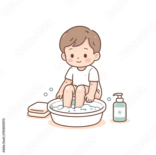 A happy child sits and soaks their feet in a bubbly basin with a towel and soap bottle nearby, showing a safe, calm washing activity.