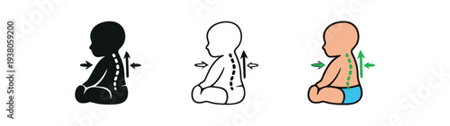 Three posture icons of a seated baby showing spine alignment and directional arrows for back support, presented in solid, outline, and colored versions for parenting tips, baby care, ergonomic guides.