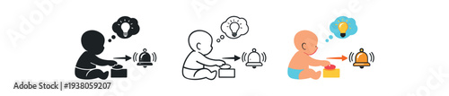 Three small icons showing a baby sitting and reaching to press a button that triggers a ringing bell, presented in solid, outline, and colored styles for use in signage, guides, or ui design.