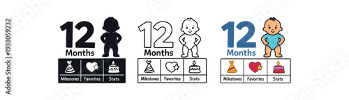 Three-style 12 months milestone icons showing number 12 and a baby figure plus labeled boxes for milestones, favorites and stats, made for first-year memory keeping and monthly photos.