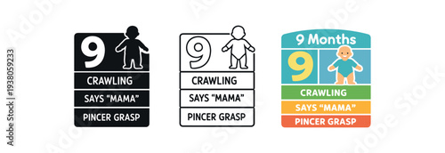 Milestone cards for nine months with a crawling baby silhouette, text note for saying "mama", and an icon for pincer grasp in black, outline, and colorful stacked styles.