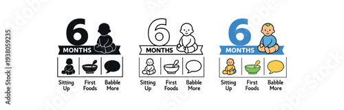 Three versions of a six‑month milestone card with baby icons for sitting up, a spoon and food for first solids, and a speech bubble/music note for babbling.