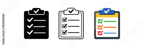 Three clipboard checklist icons in solid, outline, and colored styles showing checkboxes and lines, suitable for apps, task lists, or productivity graphics.