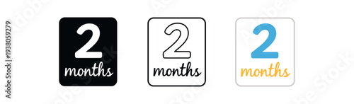 Three square milestone badge icons showing the number 2 and "months" in filled, outline, and colorful styles for use as monthly baby stickers or social media posts.