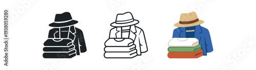 Three-style icon set showing a fedora hat, coat, and a stack of folded clothes — usable for packing, wardrobe, travel, laundry, or shopping graphics.