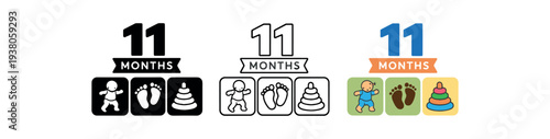 Three-style 11 months milestone icons with number 11 and baby symbols (baby figure, footprints, stacking toy) for use in monthly photos, baby books, and social media.