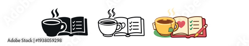 Three icons: a filled black coffee cup beside an open book, an outline version, and a colorful mug, open notebook with checklist and a pen — great for cafe, study, or morning routine visuals.