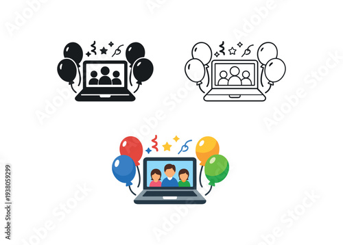Three-style icon set (solid, outline, and colorful flat) showing a laptop screen with three people, balloons, and confetti for virtual parties or group calls.