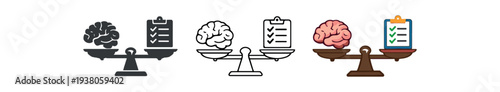 Four icons showing a brain on a balance scale paired with a checklist clipboard in solid, outline, and colored styles, suggesting weighing options, mental assessment, or evaluation processes.
