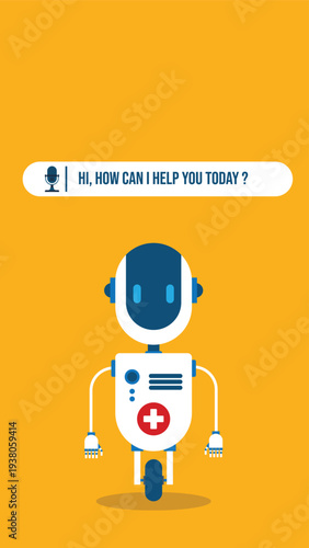AI Healthcare Chatbot Robot Assistant with Medical Cross, Voice Support Interface for Telemedicine, Digital Health Consultation, Virtual Doctor Help Service Vector Illustration