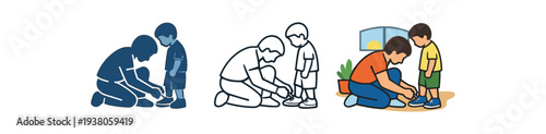 Adult kneeling to tie a child shoe for parental help and daily life icon set flat vector illustration
